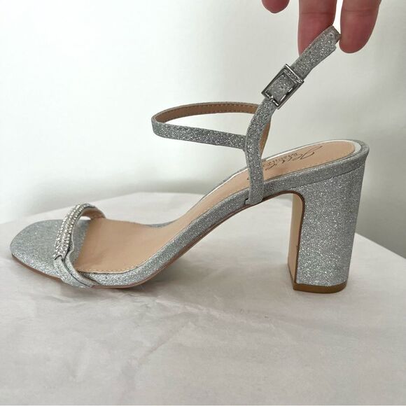 Jewel Badgley Mischka Silver Glitter Open Row Ankle Strap Sandal Heels 8.5 NWOB - Picture 2 of 10